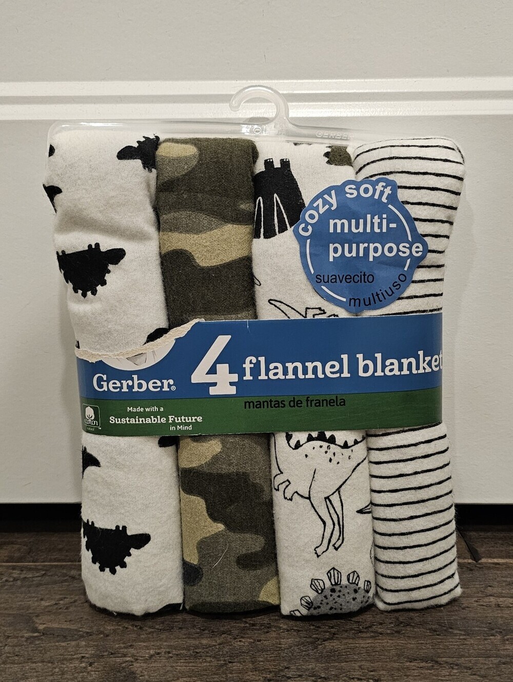 New Gerber 4-Pack Flannel Baby Blankets - Camo, Dino, Striped Print